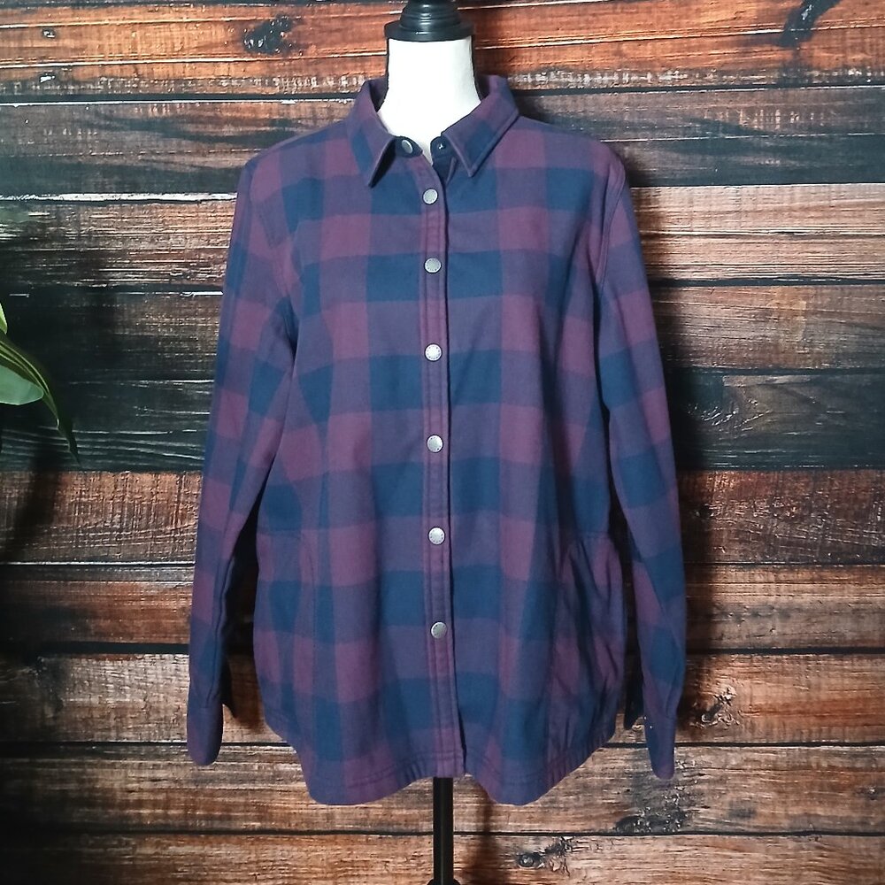 Orvis Jacket XL Fleece Lined Flannel Snap Front Purple Navy Plaid Chore Coat